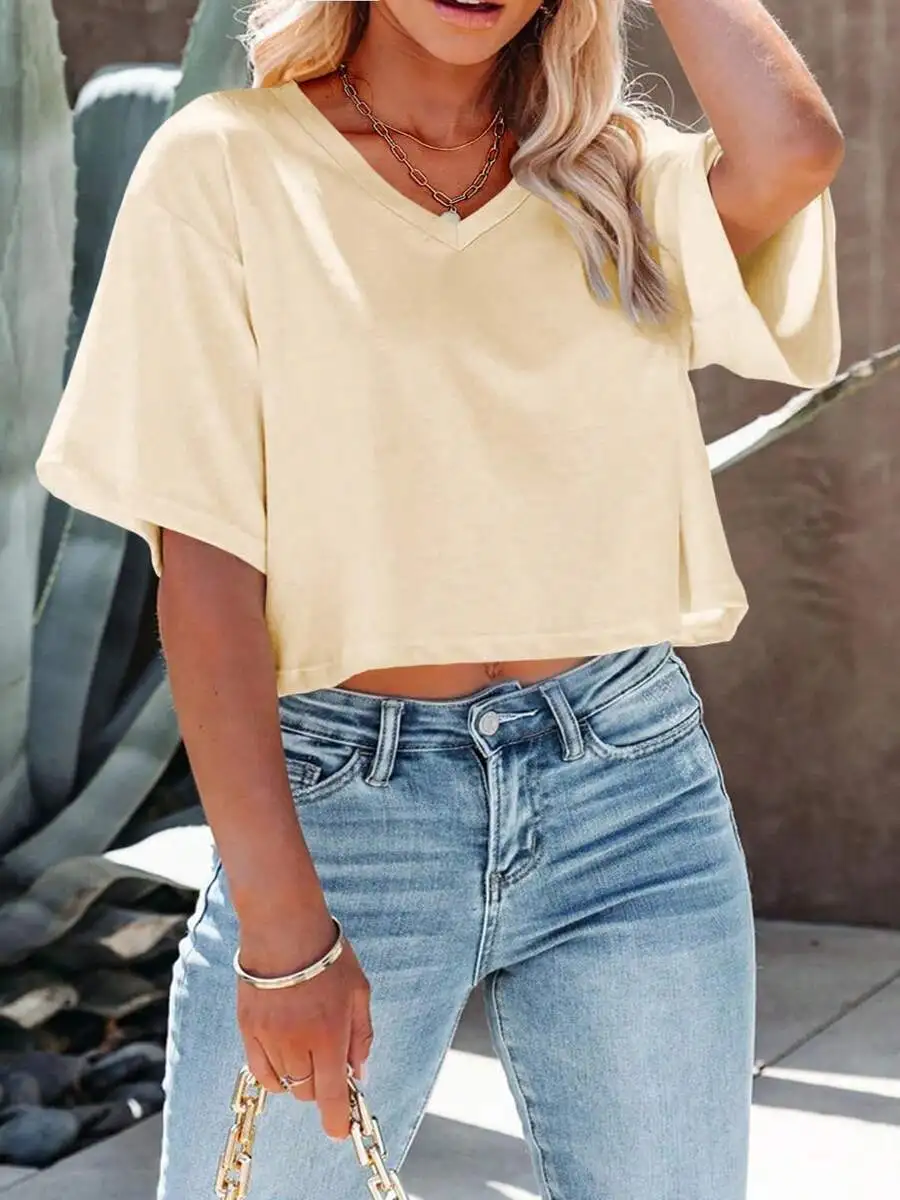 

Women V Neck Cropped T Shirt Casual Summer Half Sleeve Solid Color Crop Top