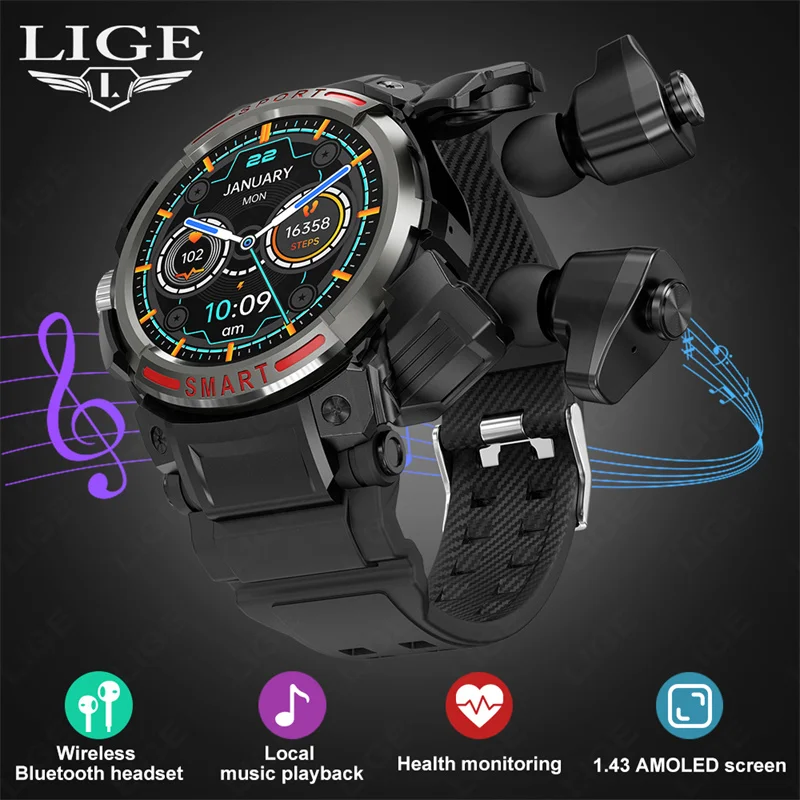 

LIGE 2023 Smart Watch TWS Headset Two In One Wireless Bluetooth Dual Earbuds Call Health Monitor Sport Music Earphone Smartwatch