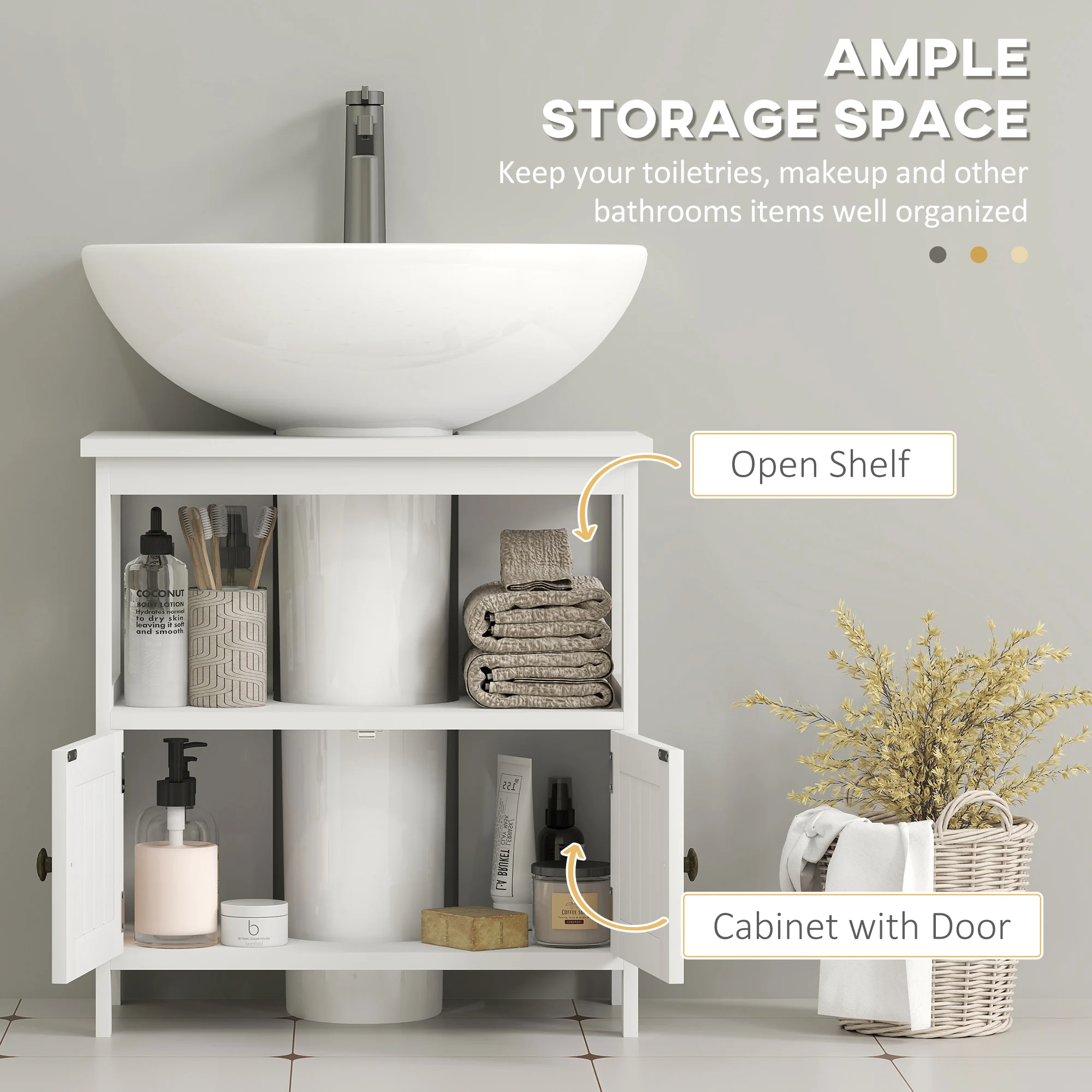 kleankin Bathroom Pedestal Under Sink Cabinet with Storage Shelves, Door, White