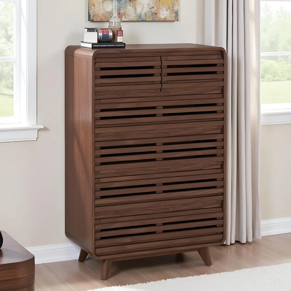 

Tall Dresser for Bedroom, Walnut Dresser with 6 Drawers, Chests of Drawers with Grille & Curved Design, Fluted Dressers Slides P
