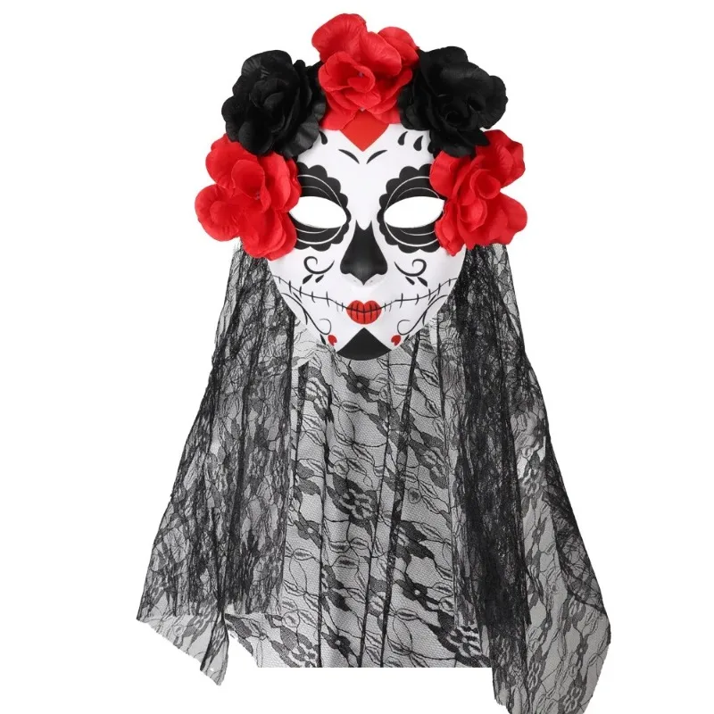 Fantasma Sposa Maschera di ruolo Halloween Terrore Abbigliamento Partita Labbra rosse Maschera di fiori Festa Gioca al ruolo Abbigliamento Copricapo Visiera