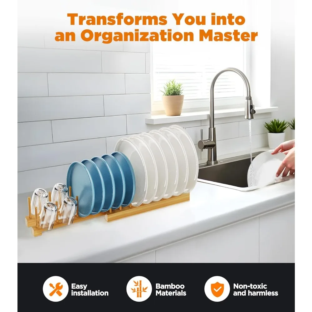Conjunto de 2 cremalheiras de secagem de prato de bambu, organizador de placa ajustável para armário, economia de espaço para pratos, tigelas, copos, tampas de pote e corte