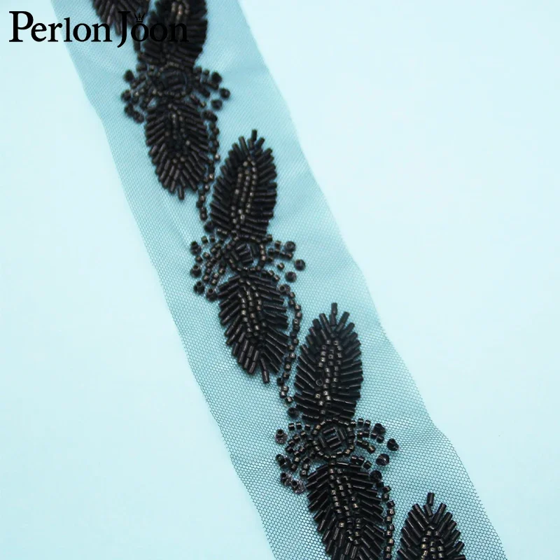 5 Yards Leaf Shape Black Long Short Glass Beaded Imitation Handmade Mesh Lace Trim DIY Sewing Decoration for Wedding Dress HB067