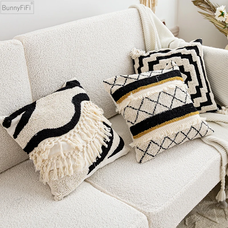 for Black Boho Pillow Cover Cushion Ivory Tassels Cover Tufted Home Decoration Living Room Bedroom Sofa Couch Square 45x45cm