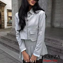 TRAFZA Casual Chic Solid 2 Piece Women Set Fashion 2024 Summer Patch Pockets Short Blazer+Pleated Shorts Skirts Office Lady Suit