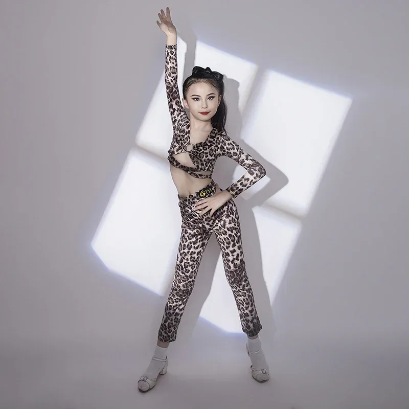 Vêtements de danse latine imbibés de léopard pour enfants, manches longues, pantalon en Y, vêtements de compétition de pratique de danse de salon Régions ba, NV20477