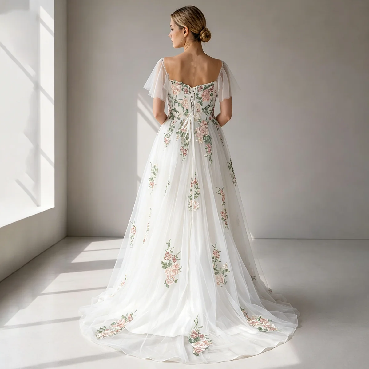 Embroidered Tulle Off Shoulder Bridal Gowns Customized Colorful Sweetheart Plus Size Real Photos Corset Floral Wedding Dress
