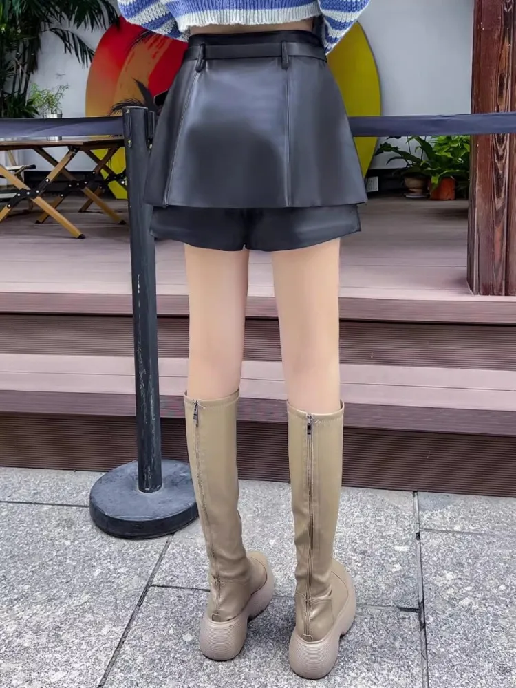 Wiosenne damskie nowe spodenki z prawdziwej skóry owczej spódnice Slim Fit spodenki z szerokimi nogawkami kobiece casualowe w stylu Streetwear spodnie Boot Cut — zdjęcie 7