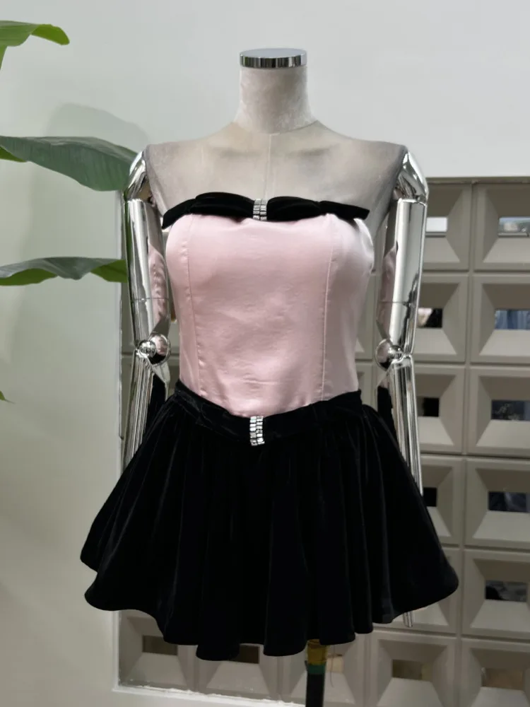 DFDG レディース 2025 春夏 キュートなリボンワンピース オフショルダー ストラップレス カットアウト 鎖骨見せ スリムフィット Aライン ミニ丈 パーティードレス