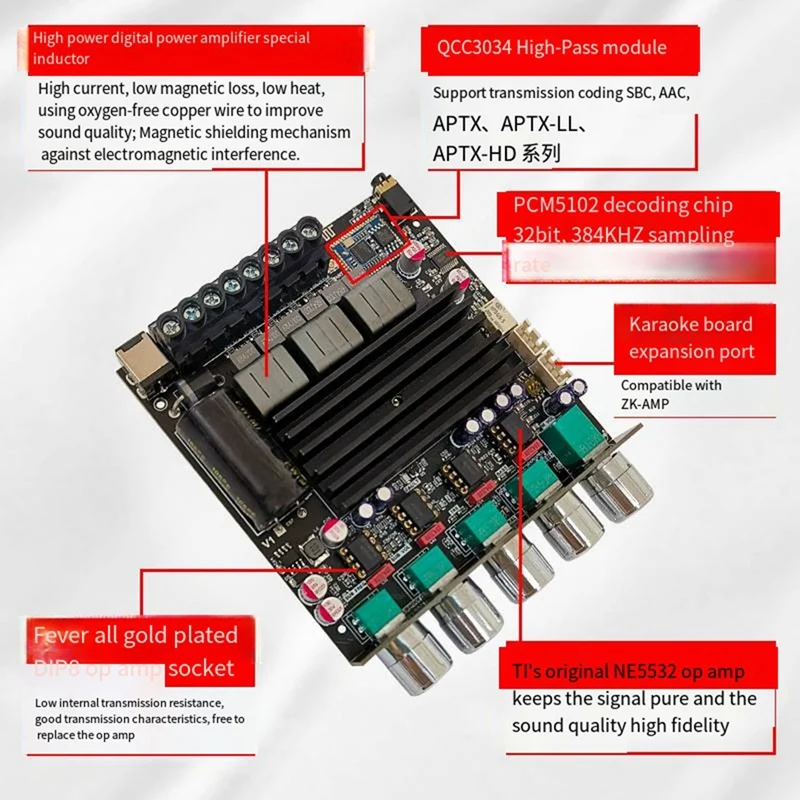 Bluetooth ZK-APTX1デジタルアンプアンプ,2.1チャンネル,qualcomm bt,100W, 100W, 200W,ベースアンプ,qcc3034 tpa3221