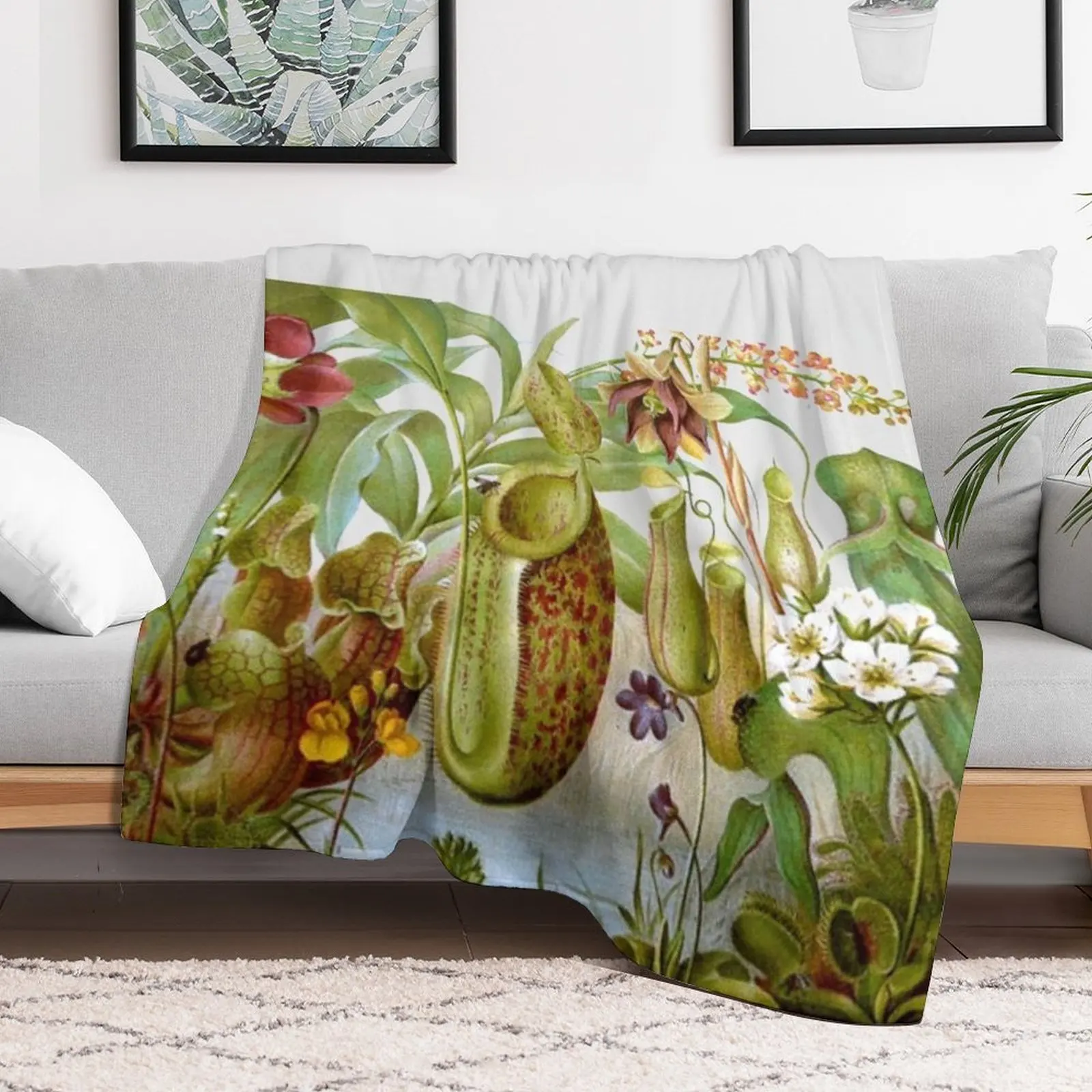 Vintage Carnivorous Plant Illustration Throw Blanket Flannel Fabric Retros Blankets