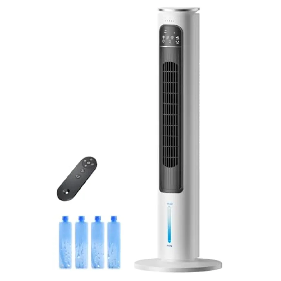 

Windowless Portable Air Conditioner for home office room use, white evaporative cooler with ice packs, quiet ductless tower fan