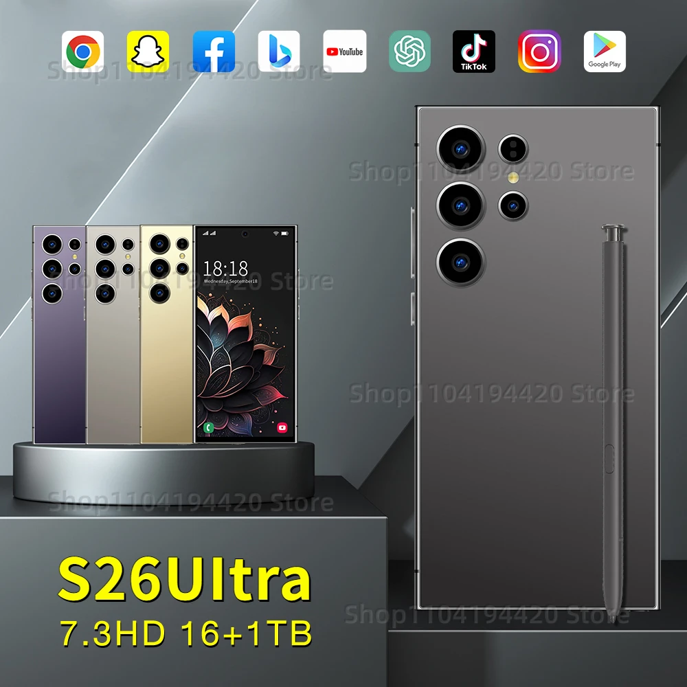 New S26 Ultra Face Recognition Smartphone 7.3 Inch HD 5G Snapdragon 8 Gen3 16GB+1TB Android14 8000mAh 70+108MP Cellphone Celular