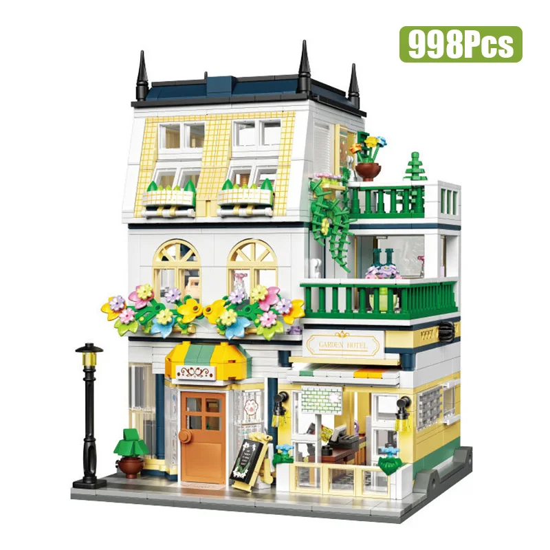 Creative Street View Flower Manor Garden Model Building Blocks Architecture Three Floor House Mini Bricks Kids Construction Toys