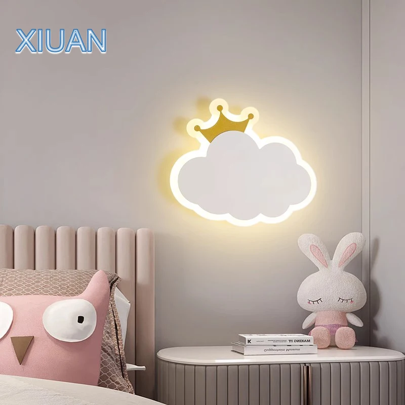 

White Cloud Light Cartoon Children's Room Wall Lamps Left Right Crown Night Lamp Bedroom Bedside Wall Lights For Girl Boy Kids