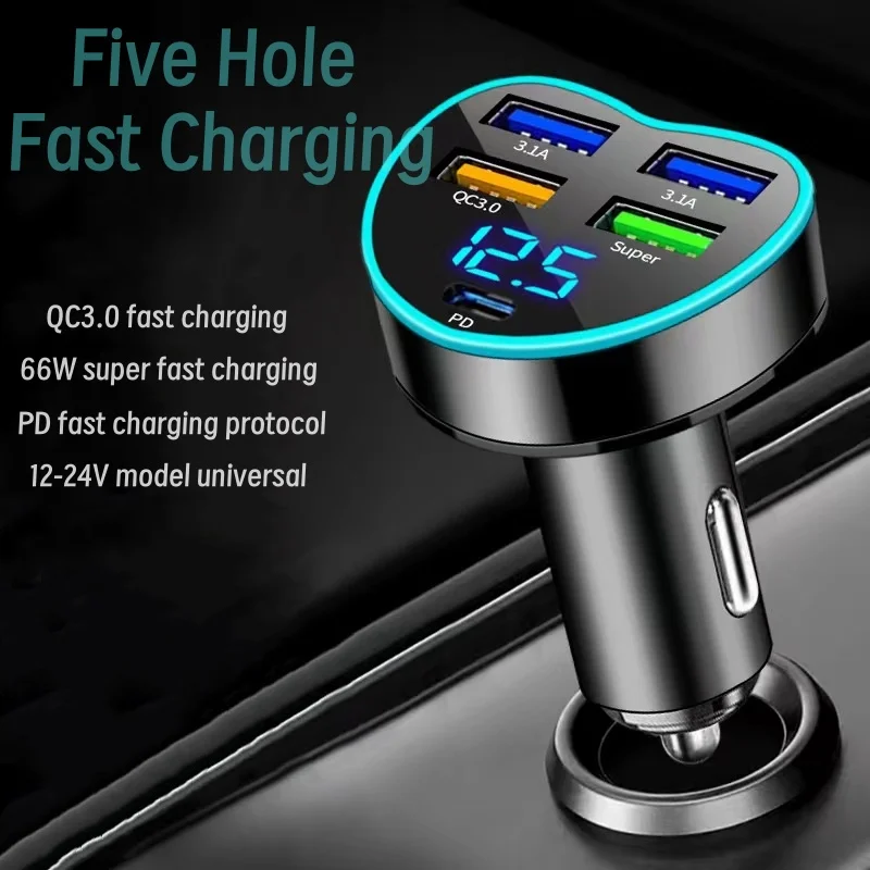 

New Heart-shaped Car Charger with Five in One Cigarette Lighter Plug, Super Fast Charging, Multi Port with Digital Display