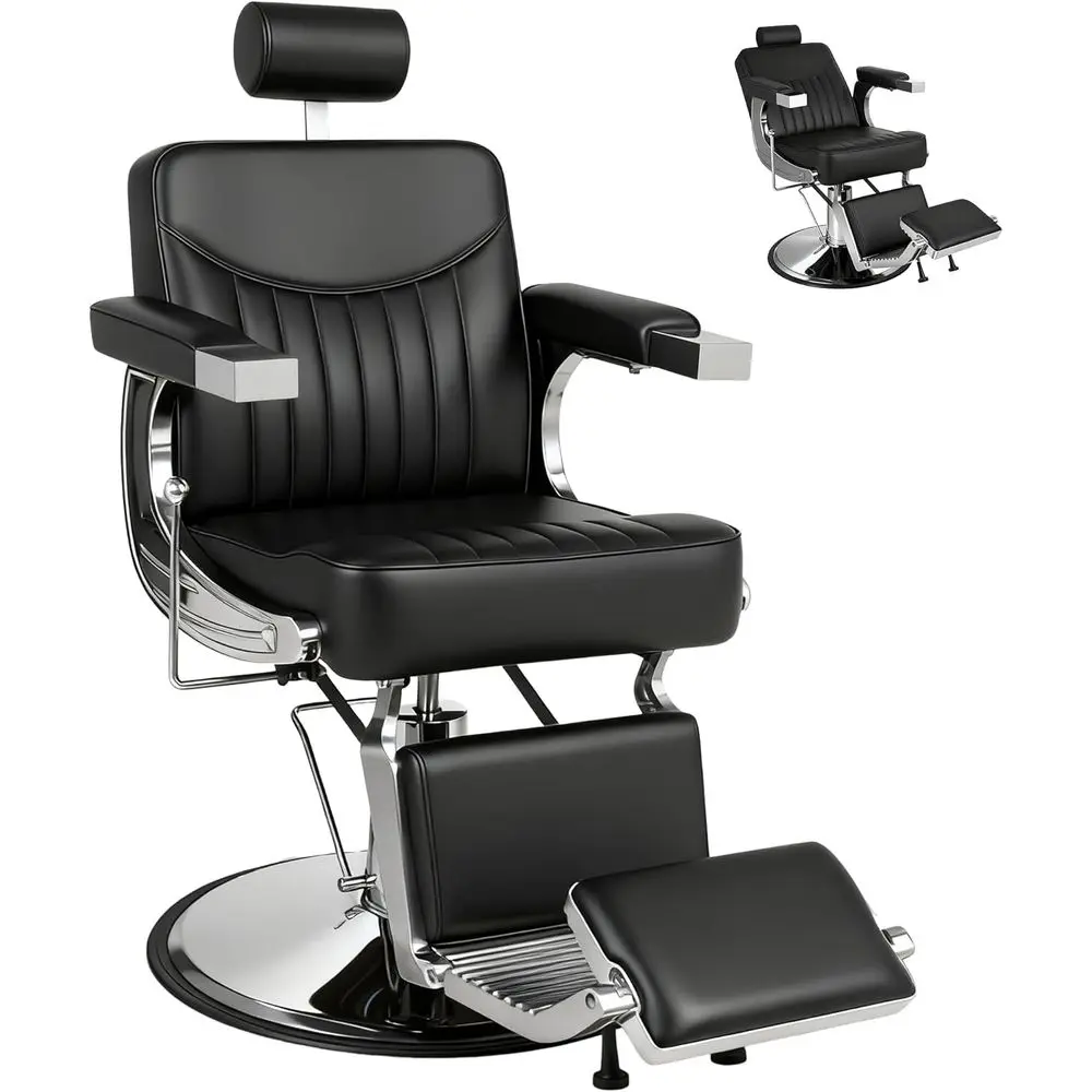 

Professional Black Leather Reclining Barber Chair with Stitching, Adjustable Rest and Footrest, Heavy Duty 360° Swivel