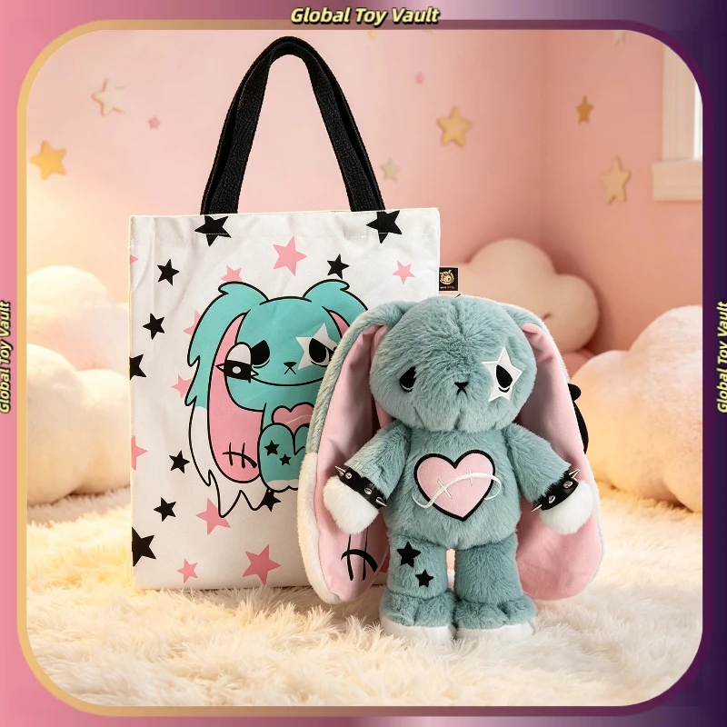 Plushiedreadfuls Plush Rabbit Stuffed Animal Goth Long Eared Light Blue Spiked Heart Decor Comforting Gift Toy Adult Collectible