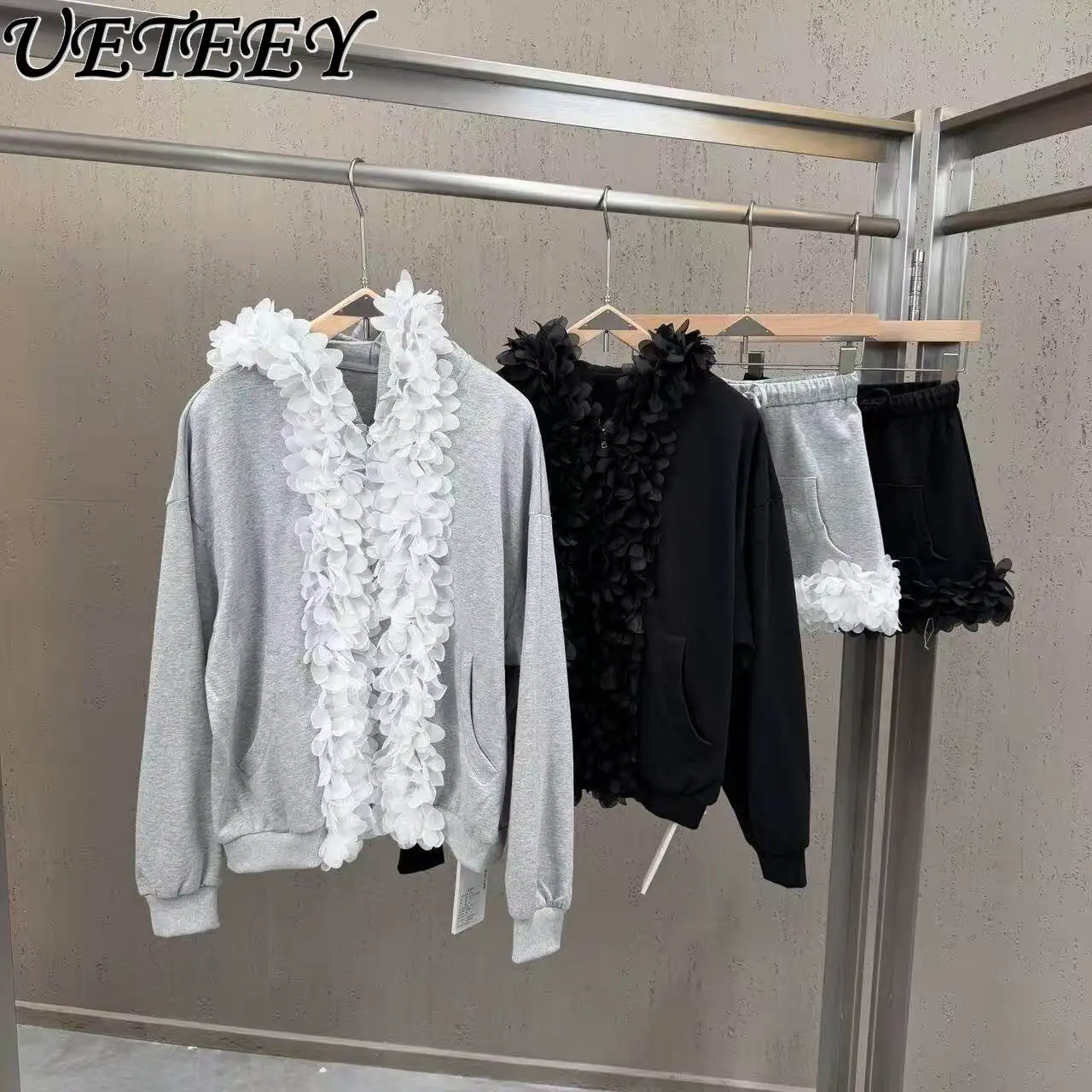 

2026 Spring New 3d Lace Hooded Sweatshirt Coat Cardigan Sport Casual Skirt Set Women Chic Grey Hoodie Coat Short Skirt Suit Girl