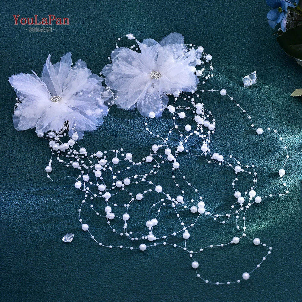 

YouLaPan Bride Long Pearl Tassels Hair Accessories Elegant gauze Flower Hair Comb Headwear Princess Girl Party Headdress HP691