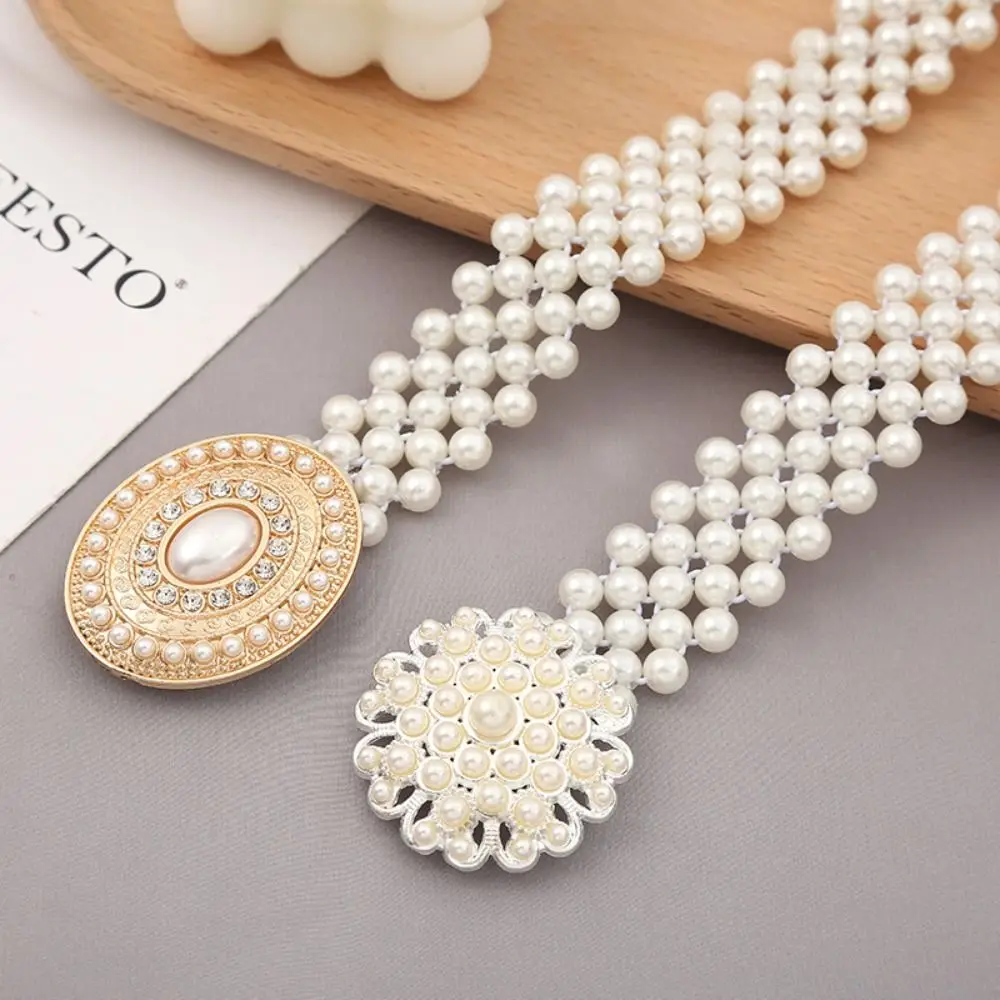 Sweet Bling Pearl Waist Belt Wide Metal Buckle Elastic Waistband Long Chain Rhinestone Women Waist Belt Dress