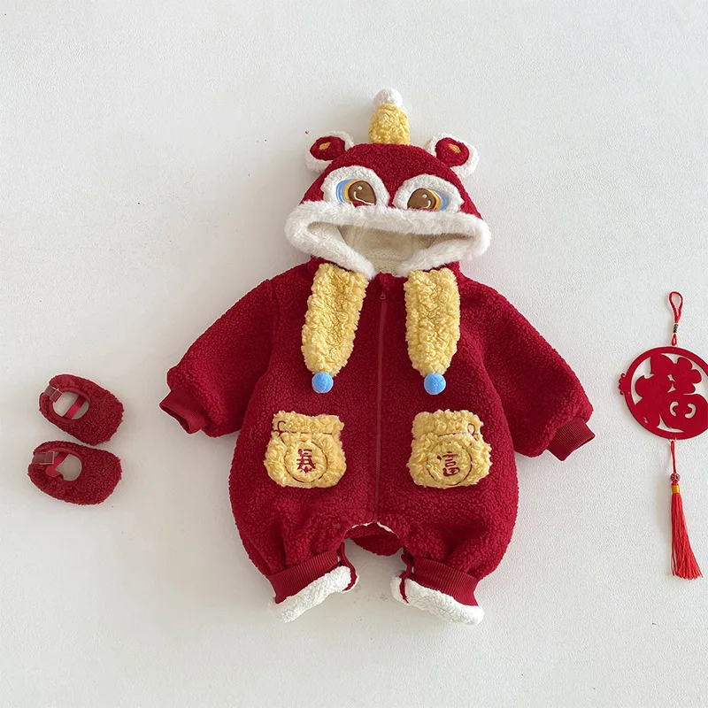 

Baby Velvet New Year's Clothing 2025 New Winter Baby Hooded Festive Climbing Clothes Newborn Chinese Style Clothes