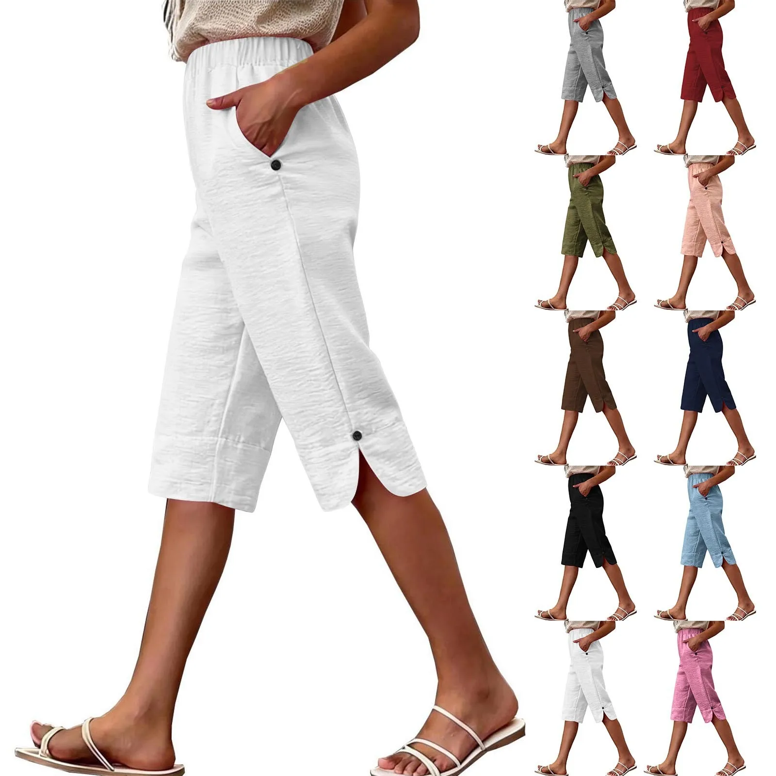 Damen-Hose mit hoher Taille, weitem Bein, dreiviertellang, einfarbig, Knöchellänge, mit elastischem Bund, lässige, lockere Passform