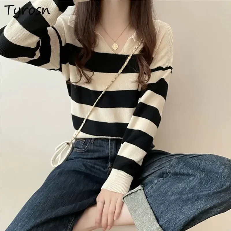 

Pullovers Women Striped Slim Design V-neck Knitting Cloth Korean Style Female All-match Simple Fashion New Spring Autumn Casual