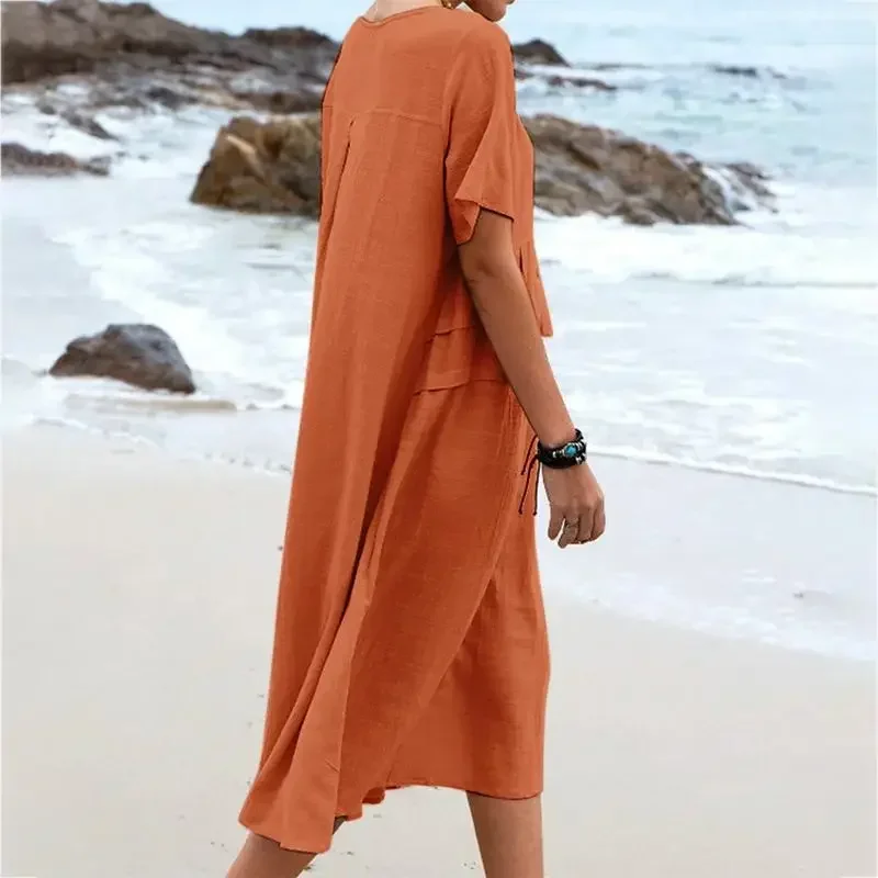 Women\'s Summer Cotton and Linen Dress Solid Color Short Sleeve Round Neck Pocket Casual Loose Dress Seaside Holiday Beach Skirt