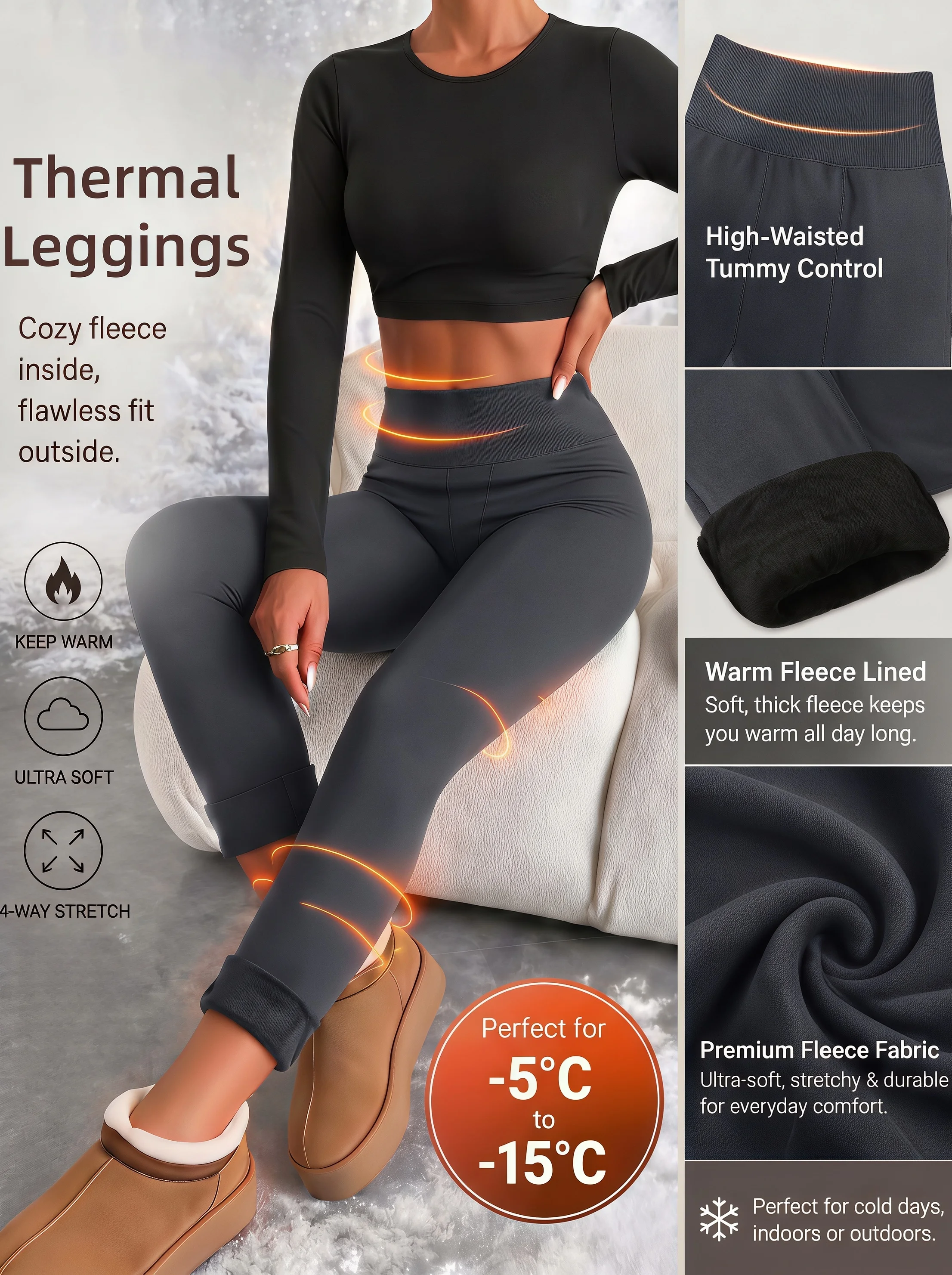 1-Pack Gray High Waist Fleece Lined Thermal Leggings Soft 4-Way Stretch Warm Pants for Winter Outdoor Sports  Wear Home Lounging