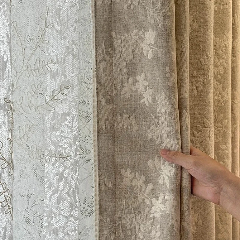 French Cream Jacquard Pearl Lace Chenille Jacquard Curtains for Living Room Bedroom Window Customized French Window Tulle