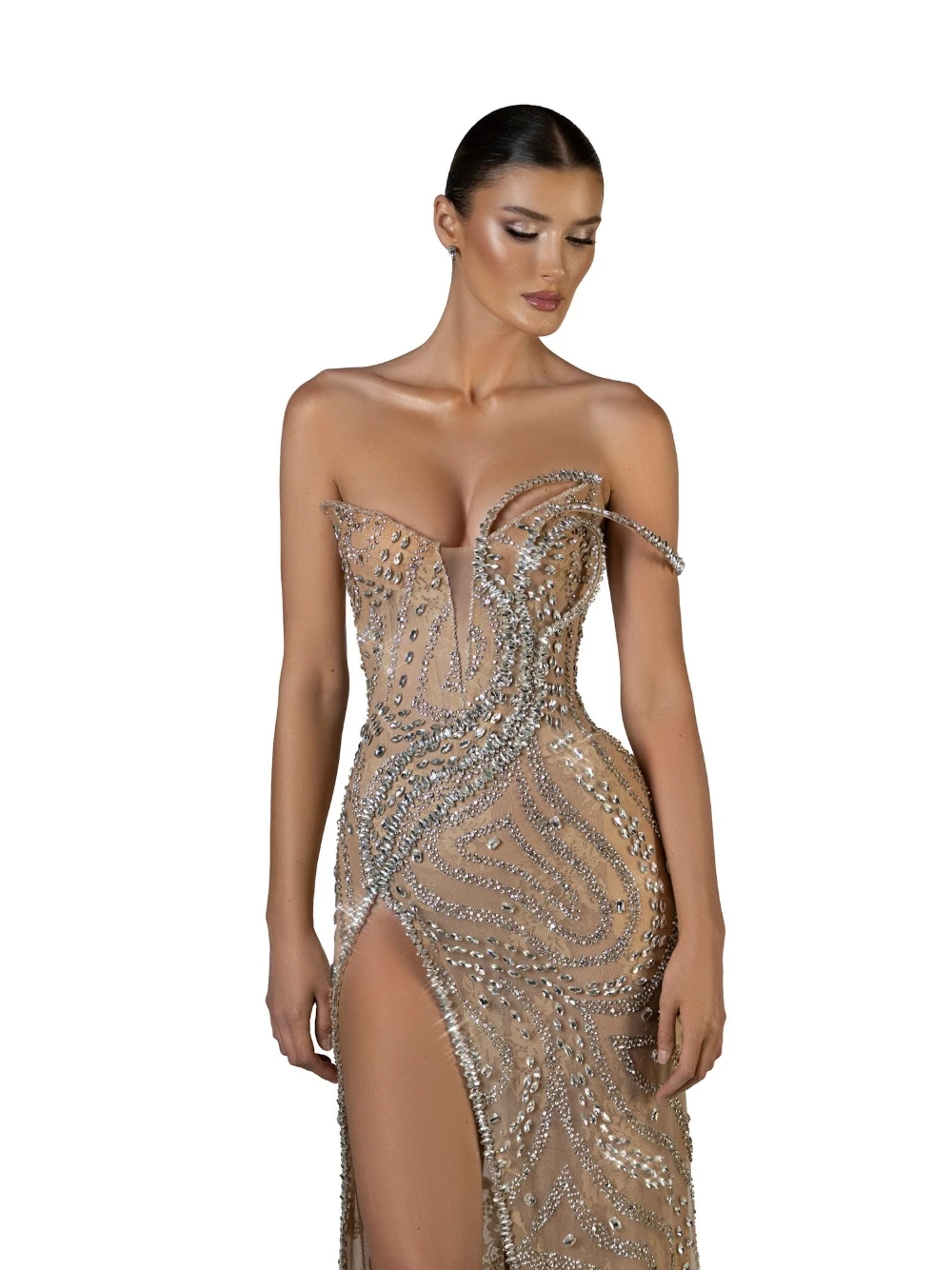 Luxury Beaded Rhinestone Evening Dress Shimmering Strapless High Slit See‑Through Mesh Straight Prom Gown Fashionable Party Wear