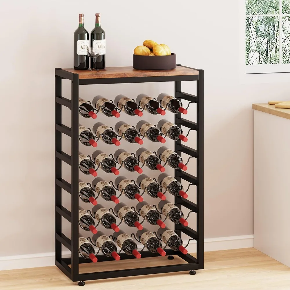 6-Tier Wine Rack with Wooden Table Top, Holds 30 Bottles, Freestanding Floor Storage for Kitchen Bar Pantry
