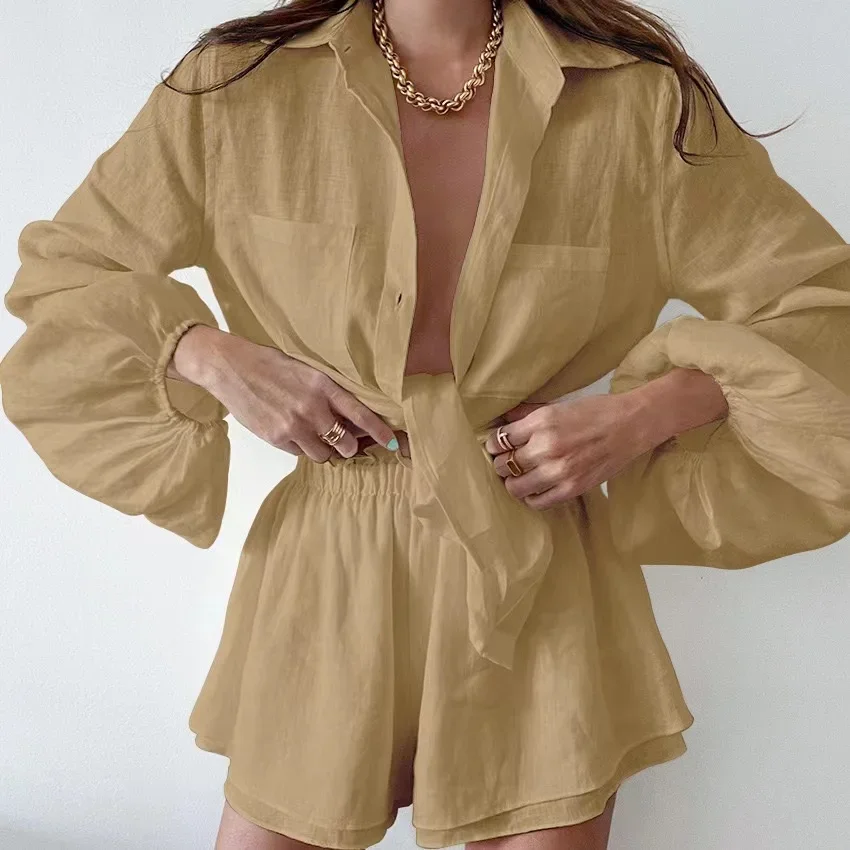 2024 New Women Spring Bohemian Shorts Sets Summer Solid White Loose Fit Outfits Blouse Suit 2 Two Piece Set Female Lounge Wear