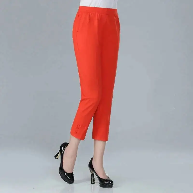 2025 Summer Women Pants Casual High Waist Solid Color Calf-Length Capris Pants Korean Fashion Women's Breeches 3XL