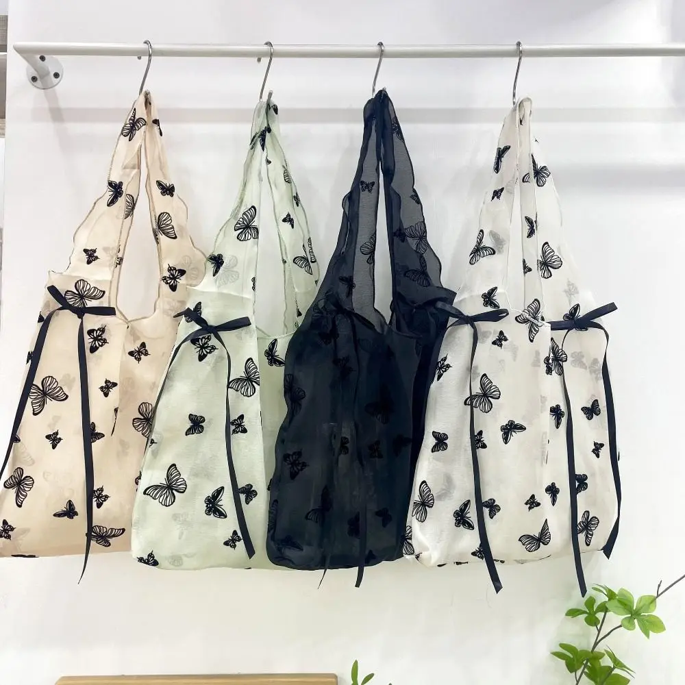 

Fashion Large Capacity Bow Mesh Tote Bag Ribbon Korean Style Transparent Mesh Bag Buttefly Sweet Shoulder Bag Travel