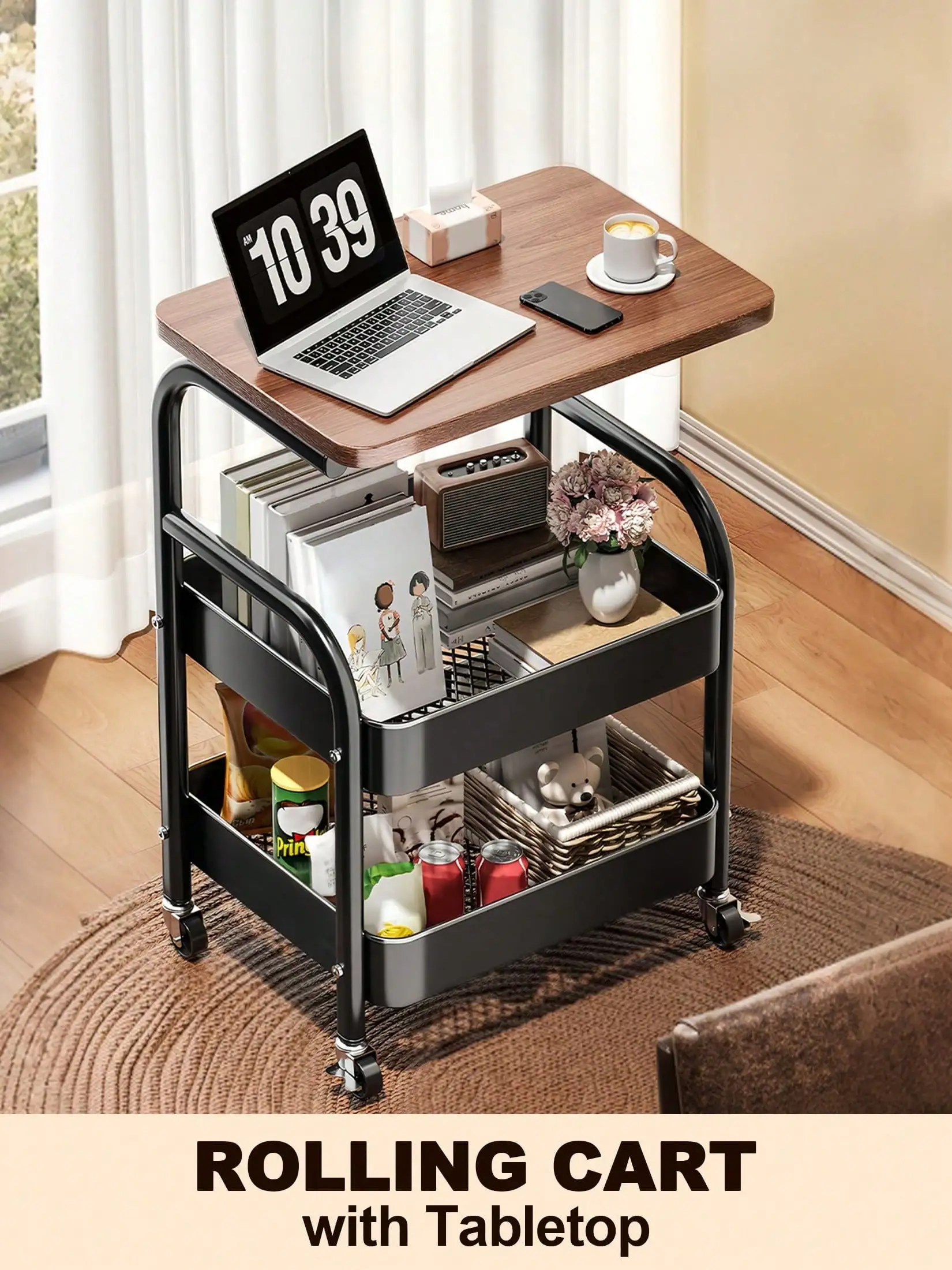 Black Rolling Cart With Desk And 360° Wheels Multi-Functional Cart Utility Rolling Cart With Desk And Wheels, Storage Cart Side Table Bathroom Organizers And Storage, Indoor And Outdoor Storage Organization Office Desk, Dorm Essentials