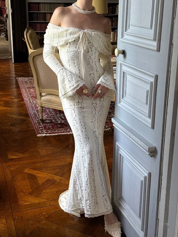 

Sexy Lace Hollow Out Maxi Dress Women Hollow Out Flare Long Sleeve Bodycon Dresses Lady High Waist Party Club Vestido 2025