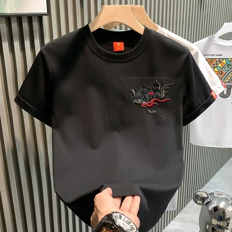 Camiseta bordada Kirin de industria pesada para hombre, camiseta holgada de media manga de talla grande, tendencia nacional china, 2025