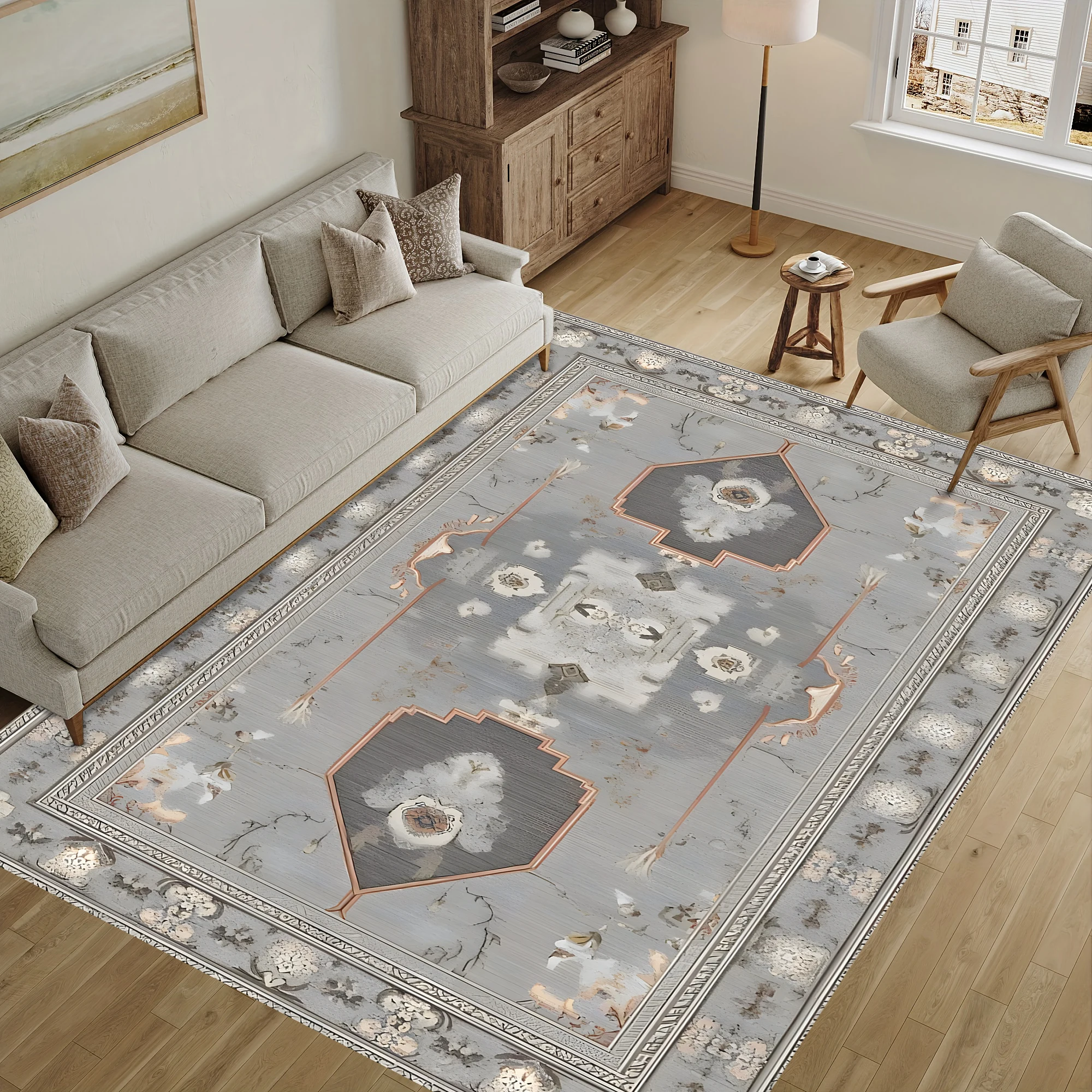 2D Large Rug with Retro Symmetrical Persian Pattern, Light Luxury European Style, Suitable for Living Room, Bedroom, and Coffee Table, One-Click Refresh for Autumn and Winter Decoration