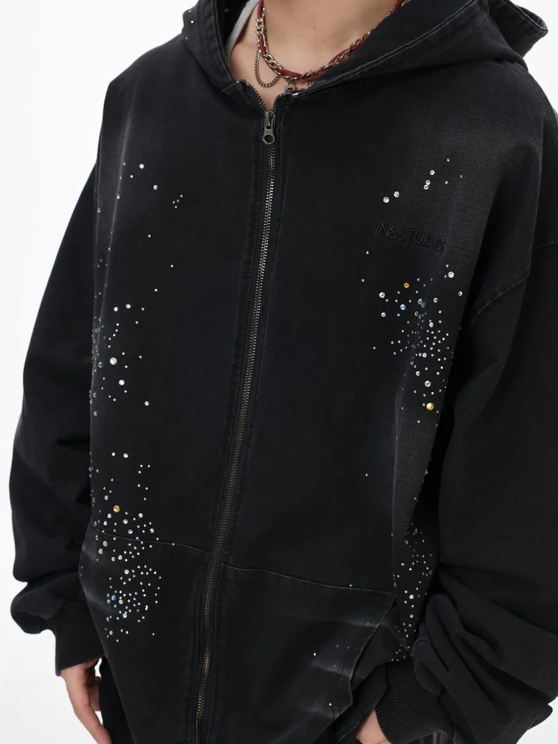 American High Street Fashion Trend Heavy-duty Rhinestone Cardigan Denim Sweatshirt Loose Casual Zipper Hooded Jacket for Men