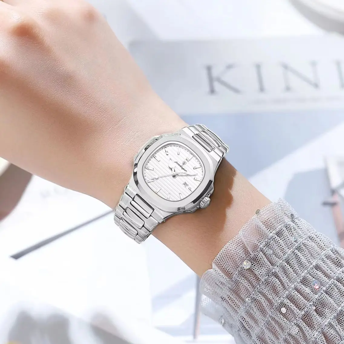 POEDAGAR ساعة يد نسائية رائعة مقاومة للماء وتاريخ مضيء ساعات عصرية للسيدات من الفولاذ المقاوم للصدأ ساعة كوارتز للنساء