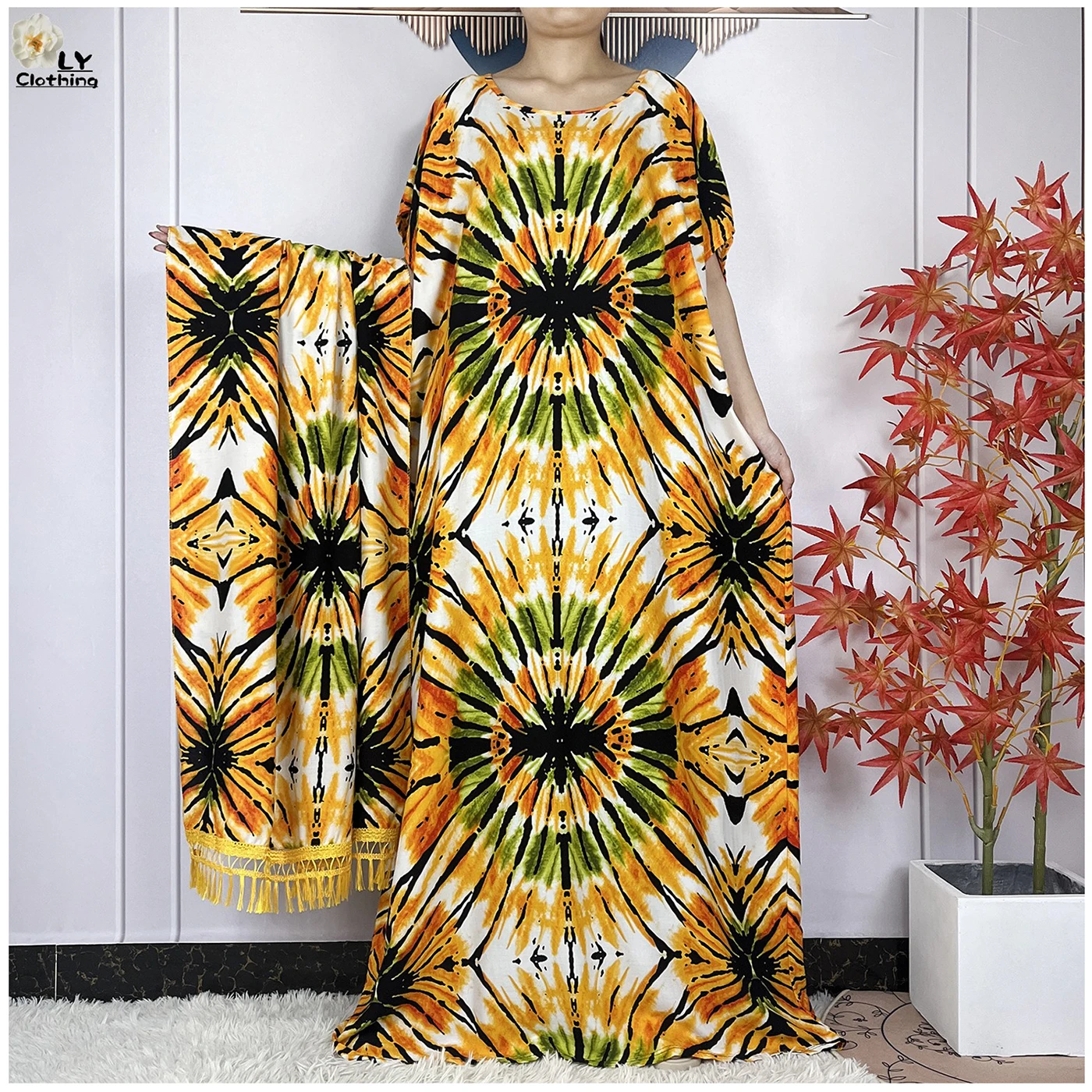 Summer Dubai Fashion Lady Clothing Soft Cotton Tie-dyed Loose Maxi Islam Women Short Sleeve African Abaya Dress With Big Scarf