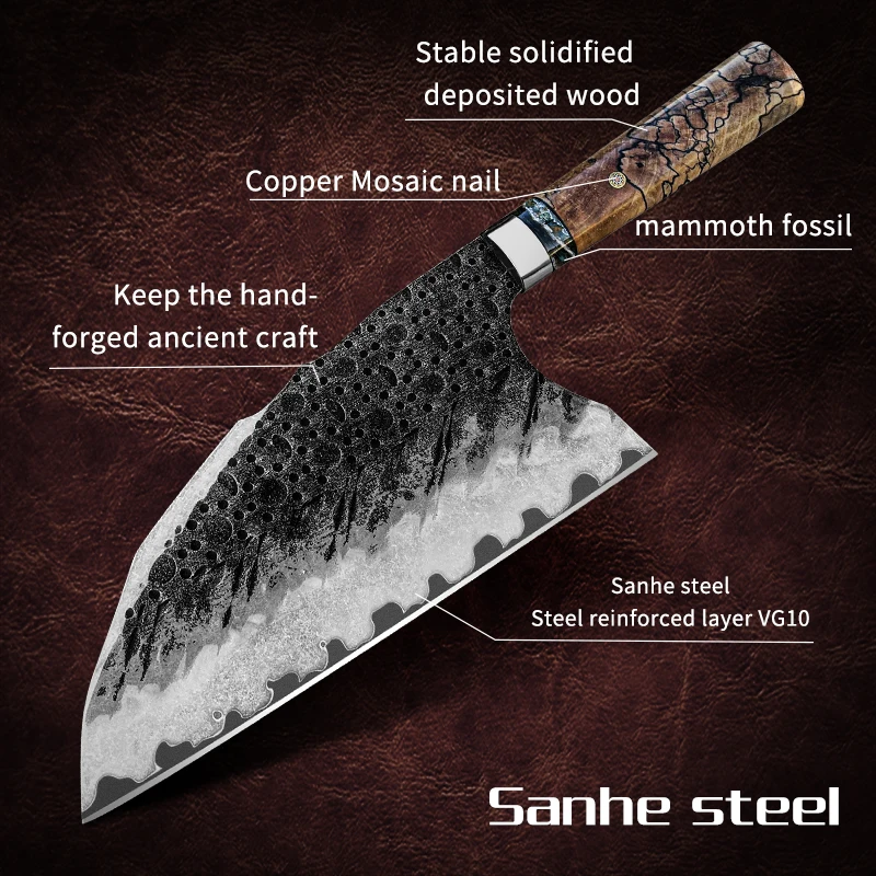 PEDWIFE high-quality manual triple steel kitchen knife, dual purpose chef knife for slicing, cooking with leather sheath