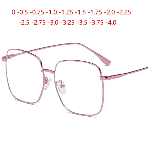 Lente cuadrada para miopía con montura grande, gafas con dioptrías para mujer, montura metálica rosa, gafas para miopía graduadas de 0-0,5-0,75 a-4,0