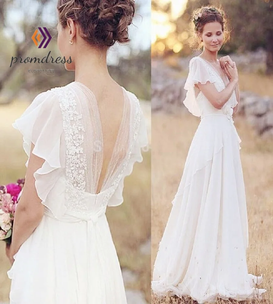 Enchanting Boho Gypsy Wedding Dress 2026 Flutter Sleeve Chiffon Bohemian Bridal Dress Backless Civil Beach Bride Gown Rustic