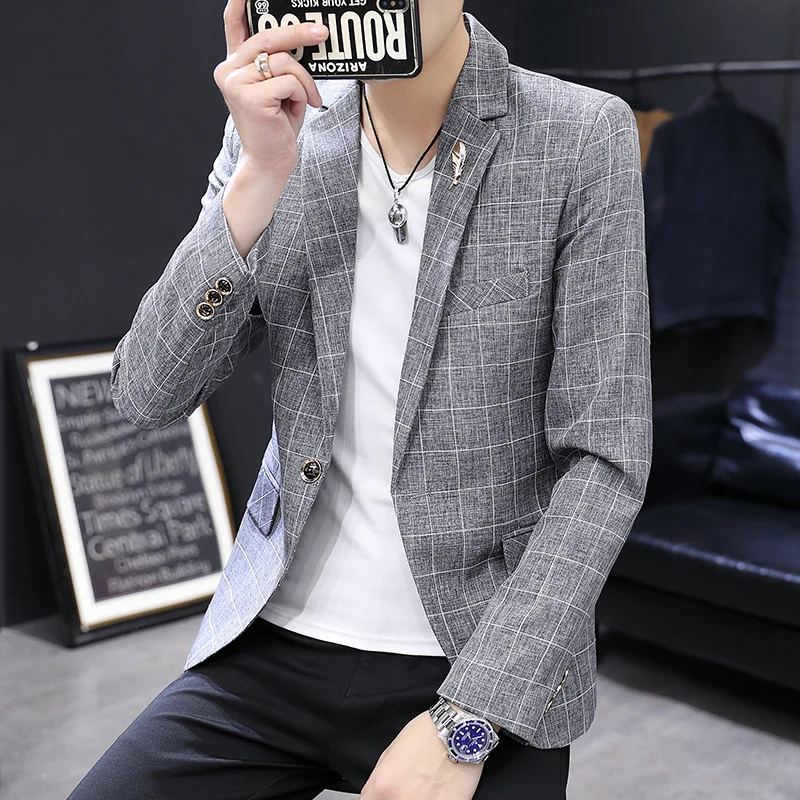 

Trendy Plaid Men's Suit Slim Fit Youth Faion Urban Sle Long Sve Single Button Closure Casual Coat for Autumn