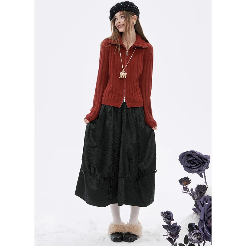ELFSACK Women's Neo‑Chinese Maxi Skirt with Textured Jacquard & Toggle Details, Vintage Loose A‑Line Bottom