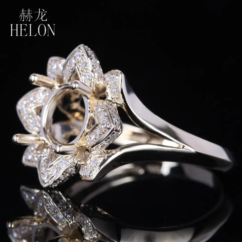 HELON Round 8-8.5mm Solid 14K AU585 Yellow Gold Natural Diamonds Semi Mount Engagement Ring for Wedding Bride Anniversary