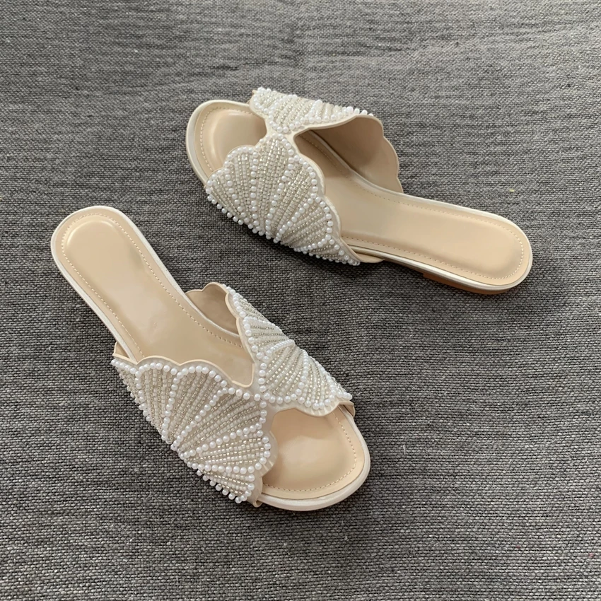Luxury Summer Flat Sandals for Women Fashion Faux Pearl Designer Slide Sandal Comfortable Lightweight Beach Casual Shoes Woman image 3